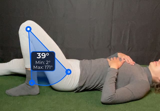 Side view of patient, supine, demonstrating the flexion extension movement. Visual overlay shows a 39 degree angle measurement.