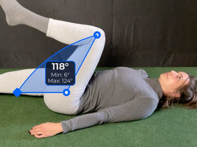 Front view of patient, supine, demonstrating the flexion/extension movement. Visual overlay shows a 118 degree angle measurement.