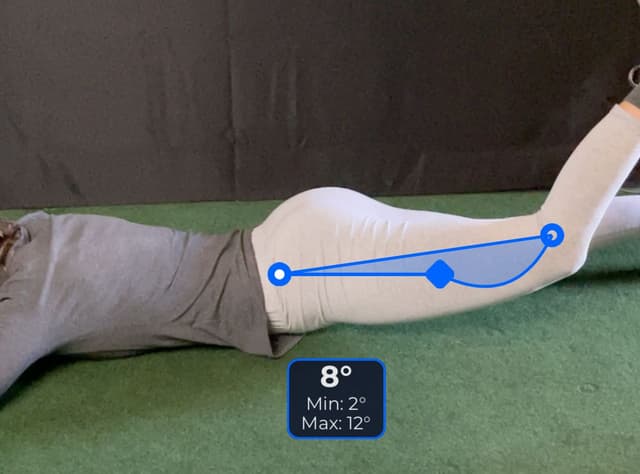 Front view of patient, prone, demonstrating the flexion/extension movement. Visual overlay shows an 8 degree angle measurement.