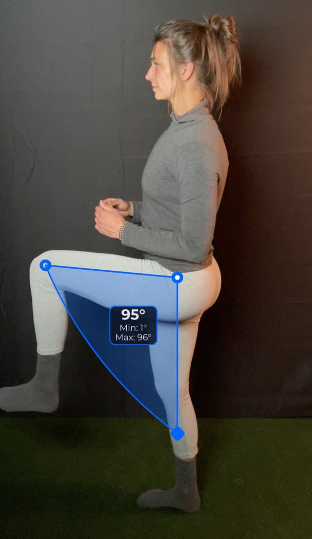 Side view of patient, standing, demonstrating the flexion / extension movement. Visual overlay shows a 95 degree angle measurement.