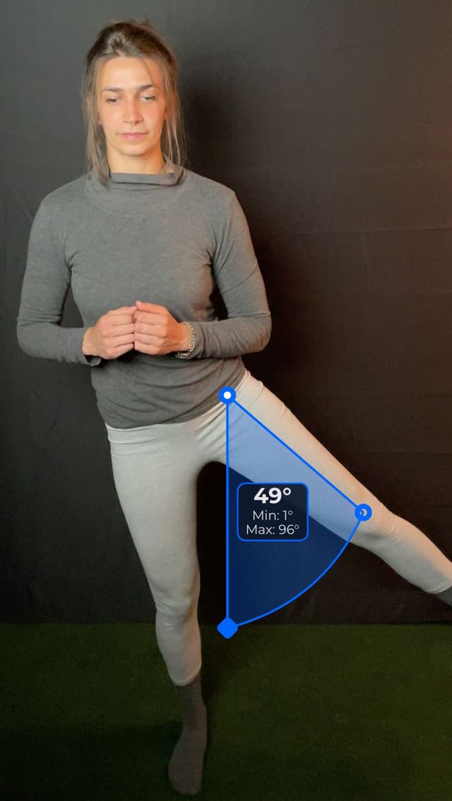 Front view of patient, standing, demonstrating the abduction / adduction movement. Visual overlay shows a 49 degree angle measurement.