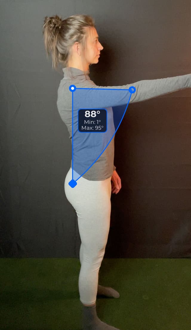 Side view of patient, standing, demonstrating the flexion/extension movement, arm extended to the front. Visual overlay shows an 88 degree angle measurement.